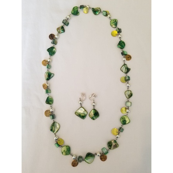 Iridescent Green & Yellow with Silver 28" Necklace and Clip-on Earrings Set - Picture 4 of 4